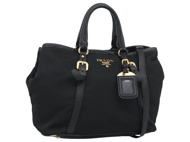 PRADA Hand Bag Nylon Leather 2way Black Gold