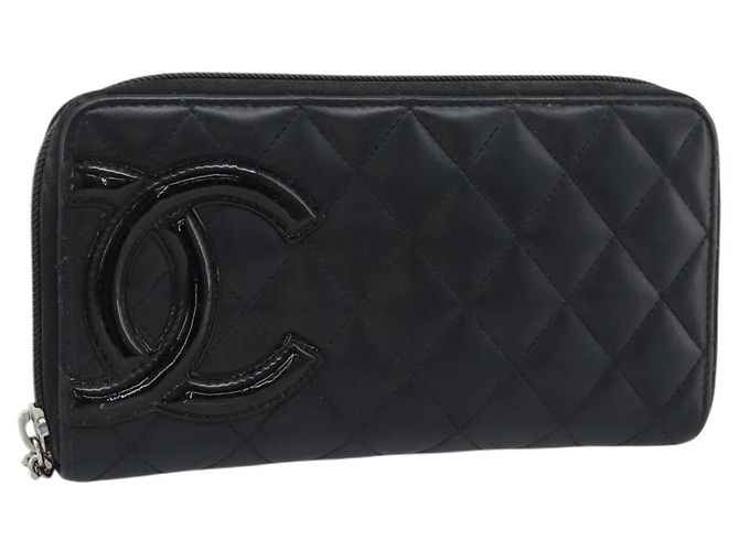 CHANEL Matelasse Cambon Line Long Wallet Leather Black Silver CC