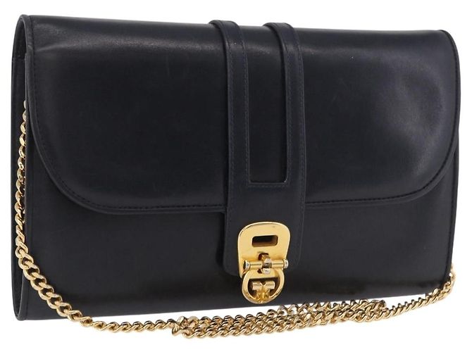 GUCCI Chain Shoulder Bag Leather Navy Gold