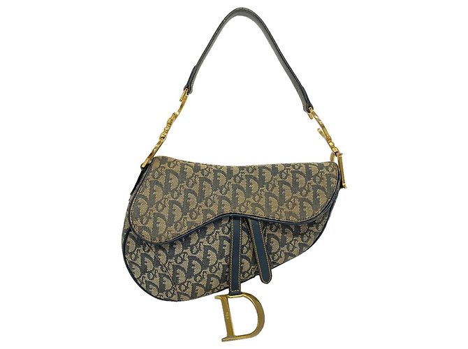Borsa a mano Christian Dior Trotter Saddle Beige Blu navy