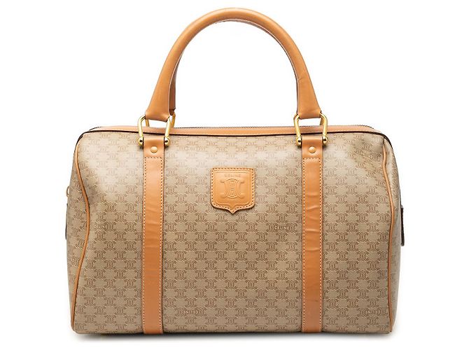 16 Céline Sac Boston Celine Beige Macadam en toile enduite