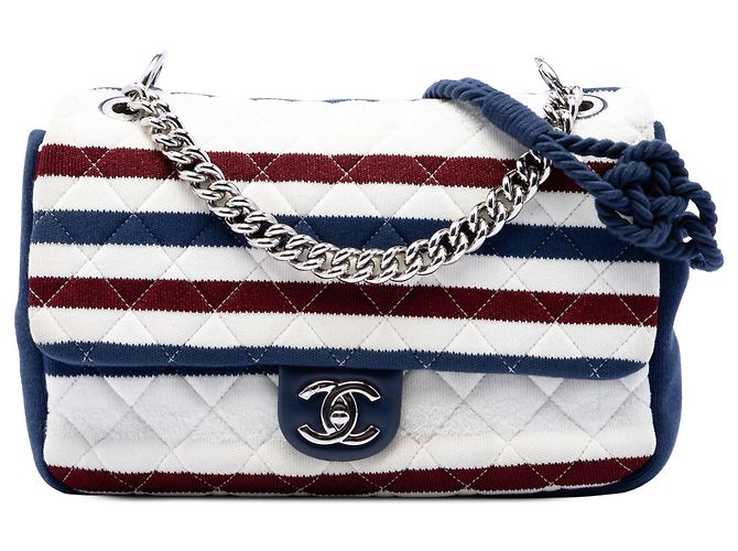 Chanel White Jumbo Stripe Jersey Felt and Rope Flap Blanco