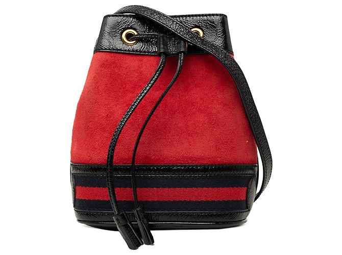 Borsa secchiello Gucci Ophidia Mini in camoscio e vernice rossa con Web Rosso