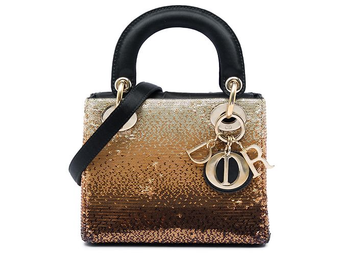 Dior Gold Mini Satin Sequin Gradient Lady Dior Dourado