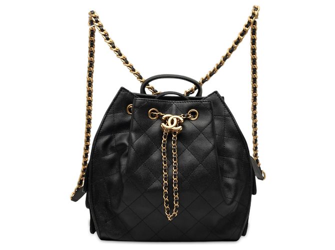 Chanel 25 Rucksack aus schwarzem gestepptem Kaviarleder, Medium
