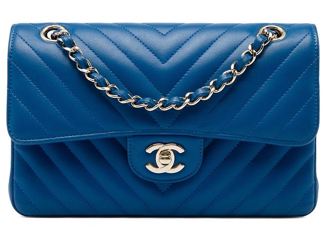 Chanel Blue Small Classic Chevron Lambskin Double Flap Bleu