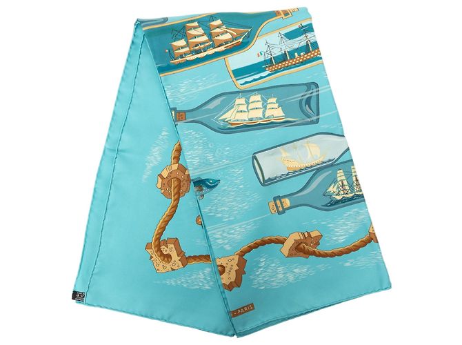 Hermès Blue Bouteilles a La Mer Seidentuch 90 Blau Hellblau