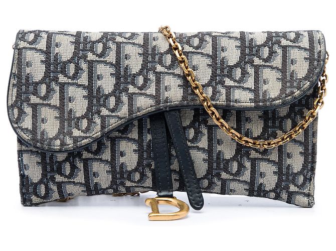 Dior Blue Oblique Canvas Saddle Wallet On Chain Navy blue