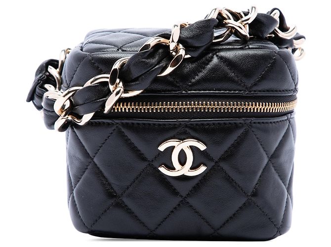 Chanel Vanity Case Cube de Piel de Cordero Acolchada Negra CC Negro