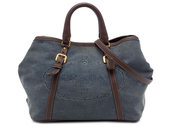 Bolsa Satchel Prada em lona Canapa com logo e acabamentos em couro Vitello Daino azul