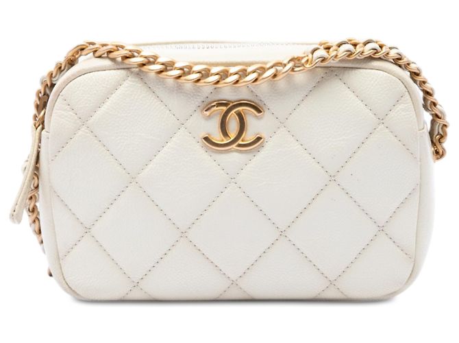 Bolsa Camera Chanel Melody em couro caviar matelassé branco com CC e corrente
