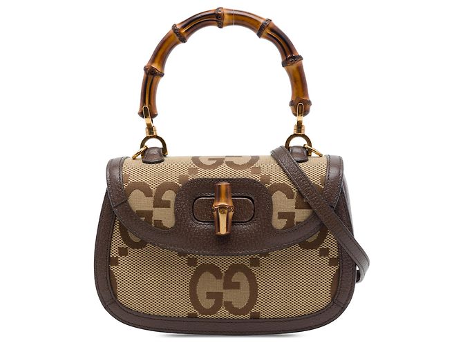 Bamboo Gucci 1947 Top Handle Bag aus beigem Jumbo GG Canvas mit Bambus und Web