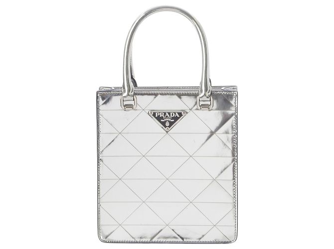 Prada Silver Metallic Spazzolato Leather Triangle Tote Silvery
