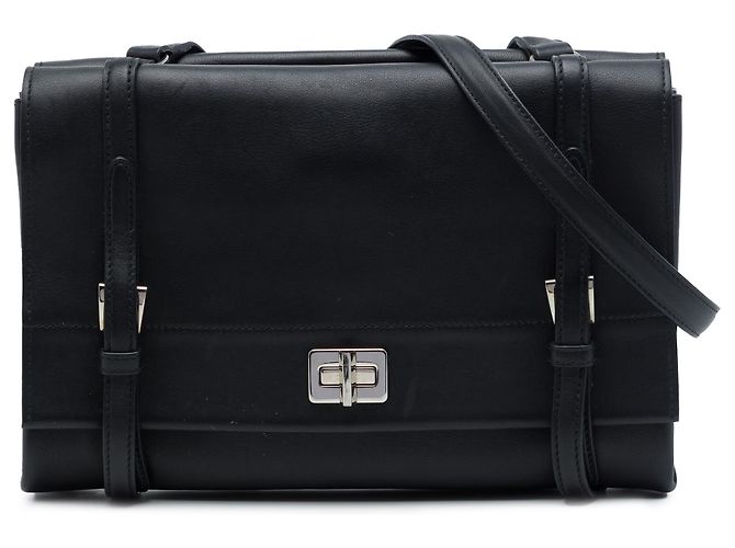 Double Bolsa Messenger Prada Black Lux Calf com aba dupla Preto