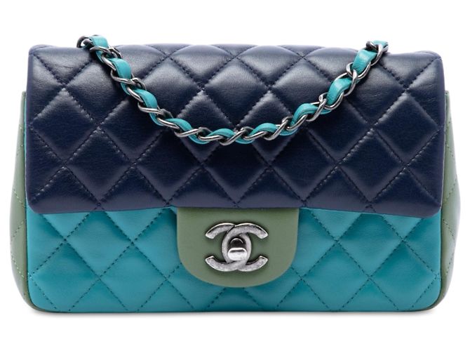 Chanel Blue Mini Rectangular Classic Tricolor Lambskin Single Flap Bleu