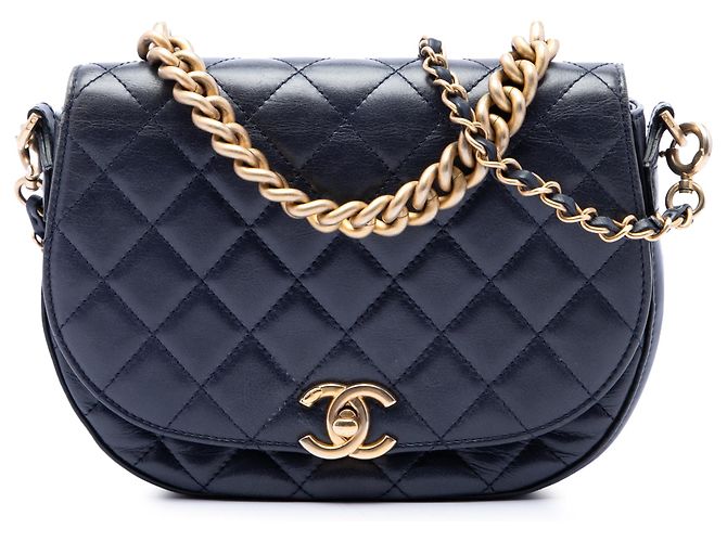 Chanel Blue CC Quilted Lambskin Chain Handle Half Moon Flap Bleu Bleu foncé