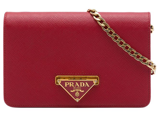 Prada Red Saffiano Lux Flip Lock Wallet on Chain