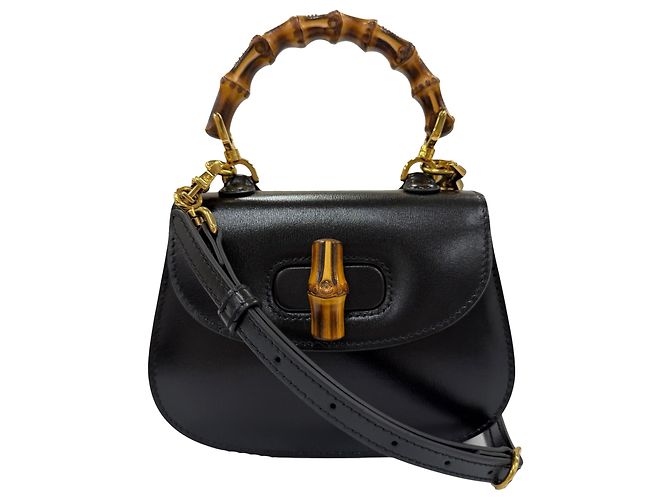 Bamboo Gucci 1947 Small Bolsa de Alça de Bambu em Pele de Vitelo Preta Preto