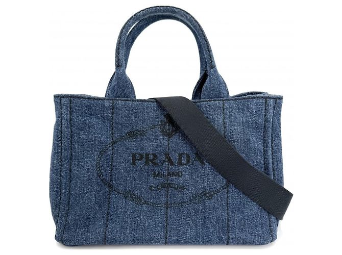 Borsa mini in denim Canapa da donna Prada Bianco Giallo Blu scuro