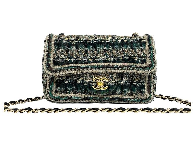 Bolsa de Ombro Chanel Coco Mark em Tweed e Couro com Corrente Multicor