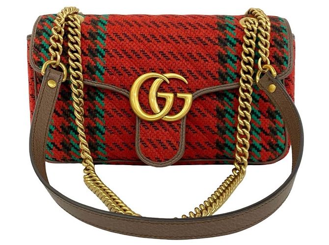 Bolsa de Ombro Gucci GG Marmont em Tweed e Couro com Logo Hardware Vermelho