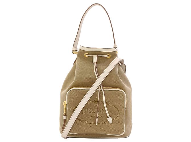 Prada Logo Jacquard 2-Way Handtasche Weiß Beige