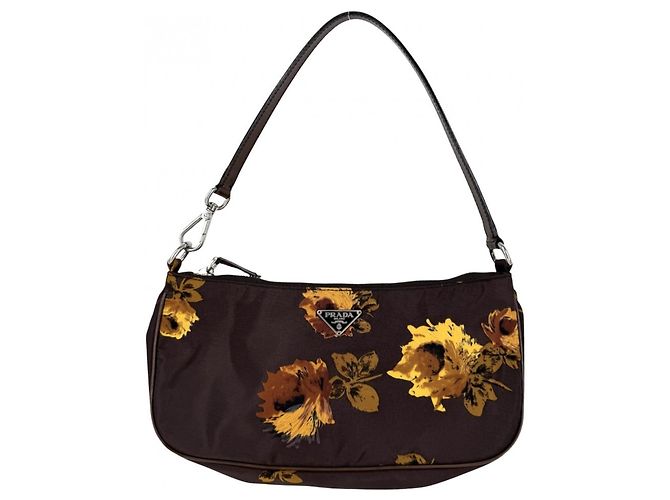 Borsa Prada floreale in nylon e pelle marrone giallo