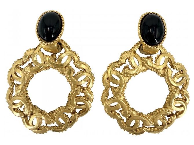 Chanel Vintage Clip-Ohrringe Schwarz Golden