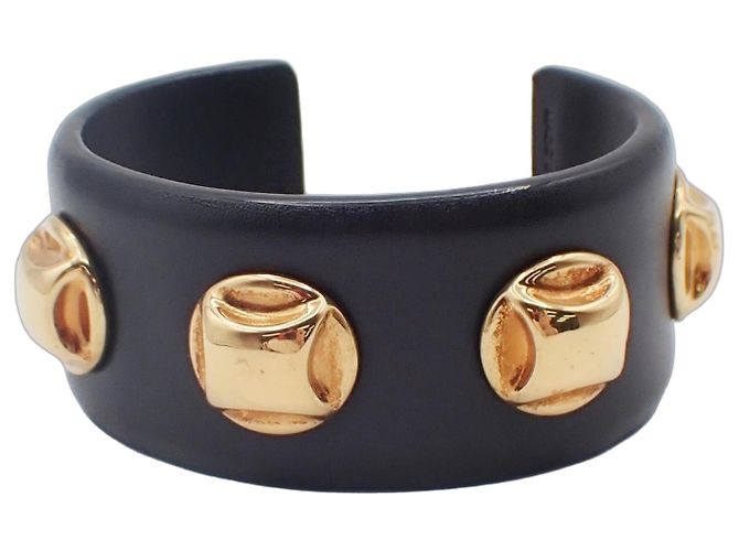 Céline Celine Bracciale rigido con borchie in pelle e metallo placcato Nero