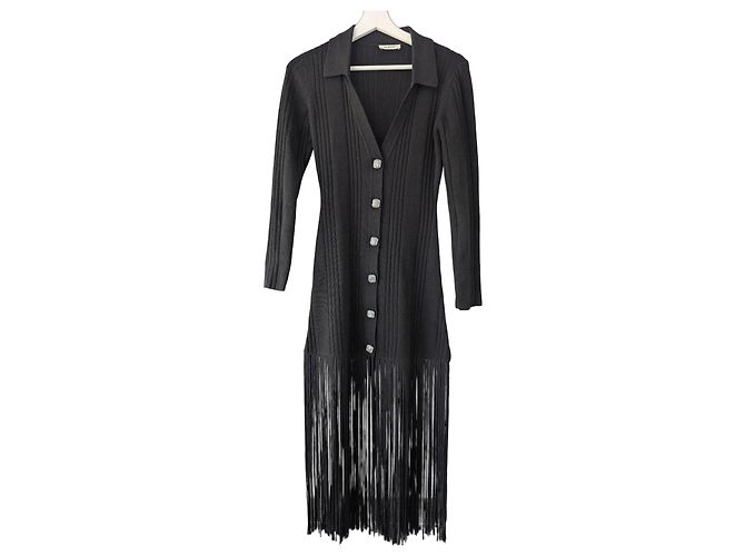 Sandro Vestido largo de punto Astree negro con flecos