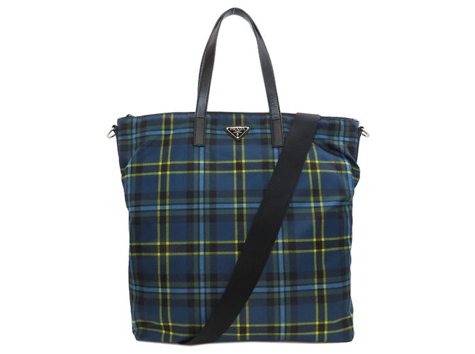 Borsa Tote 2-Way a scacchi Prada Blu Giallo