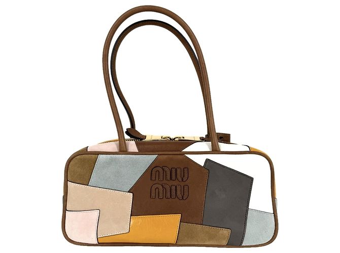 Saco Tote Miu Miu para Mulher com Laço e Patchwork Marrom Branco Multicor
