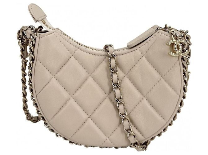 Bolsa de Ombro Mini Hobo para Mulher Chanel Branco Bege Dourado