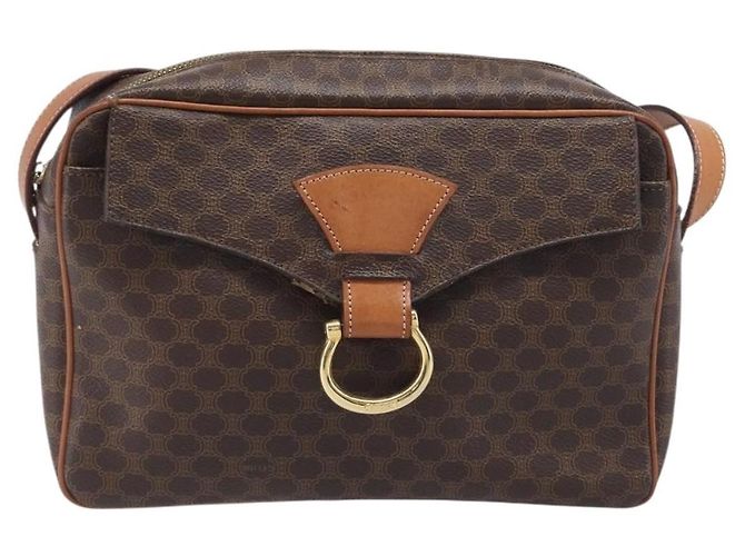 Céline Celine Vintage Macadam Circle Logo Canvas and Leather Marron