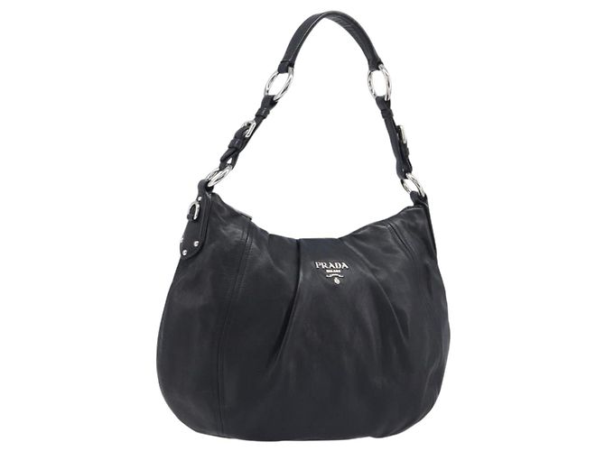 Bolsa de Ombro PRADA em Couro Preta Prata Auth yk20841SAV Preto