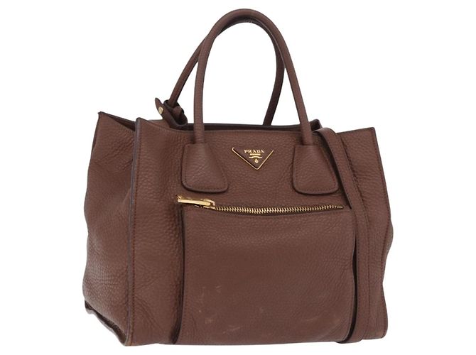 Bolsa de mão PRADA em couro Taurillon 2way Marrom Gold Auth am12327V Dourado