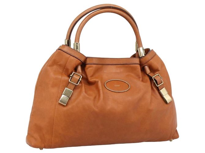 Chloé Bolsa Chloe Victoria em couro marrom tom dourado Auth BA15396