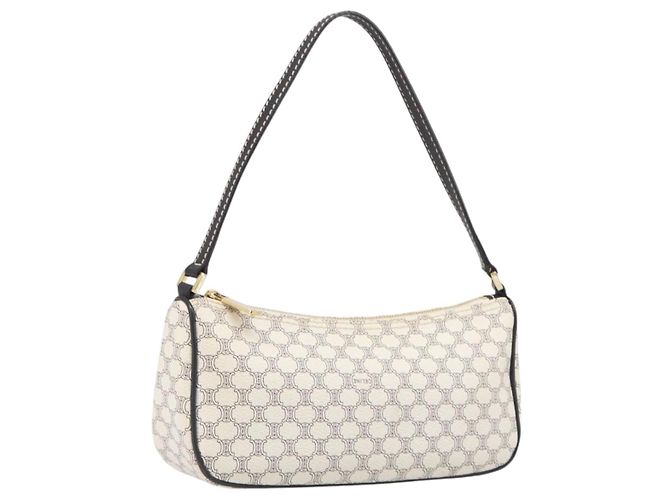 Céline CELINE Macadam Canvas Accessory Pouch PVC Leather White Gold Auth 199119A Golden