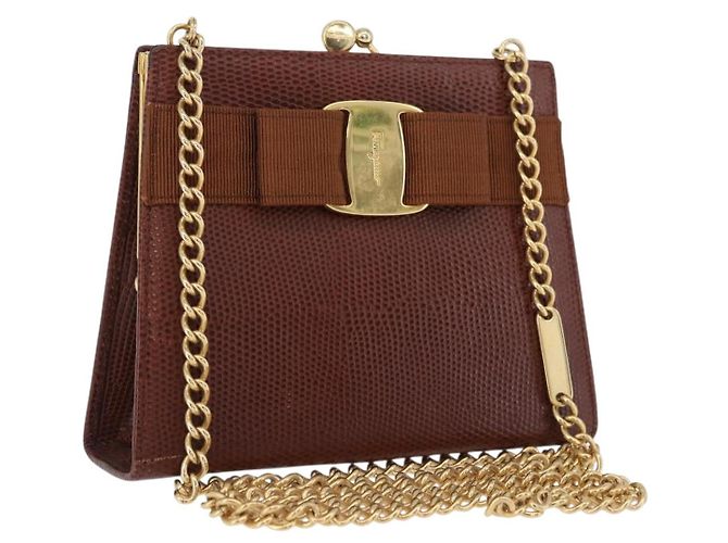 Borsa a tracolla Salvatore Ferragamo Vala Chain in pelle marrone e oro Auth 199629A D'oro