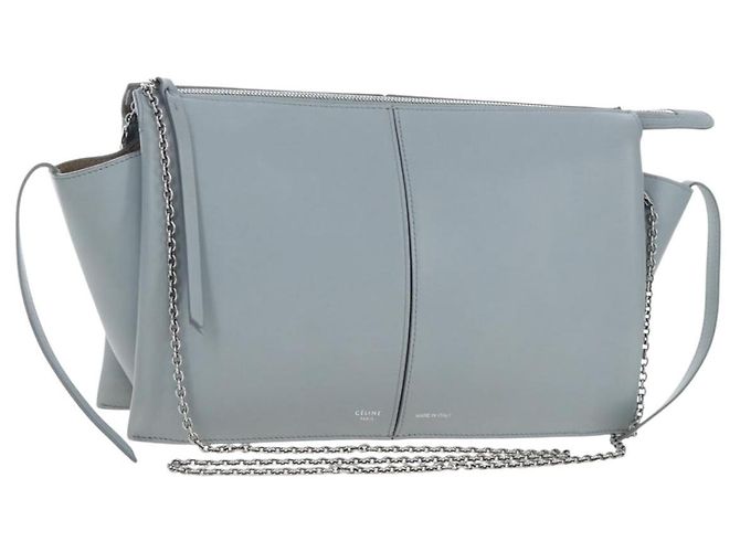 Céline Bolsa de Ombro CELINE Chain Trillodo em Couro Azul Claro Prateada Auth 199685V Prata