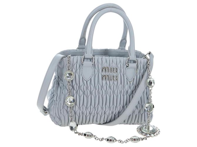 Miu Miu Nappa Crystal Handtasche Leder 2way Hellblau Silber Auth 196642M