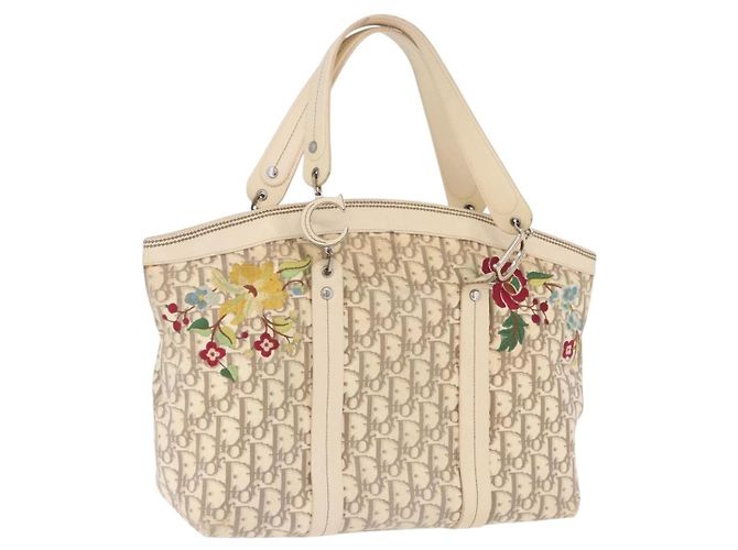 Borsa a mano Christian Dior Trotter Canvas Floral Ivory Silver Auth am12468 Argento Crudo