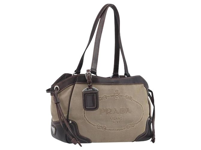 PRADA Tote Bag Canvas Jacquard Beige Silver Auth 199661V Silvery