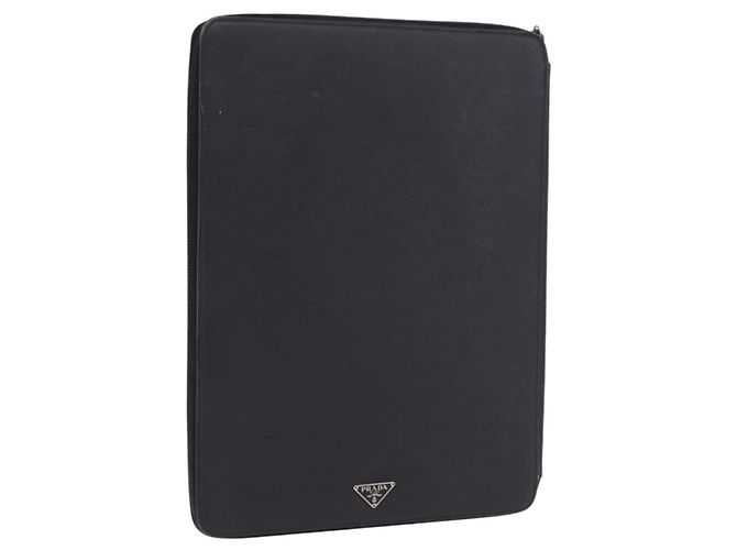 PRADA Binder Case Saffiano Black Silver Auth 200201 Silvery