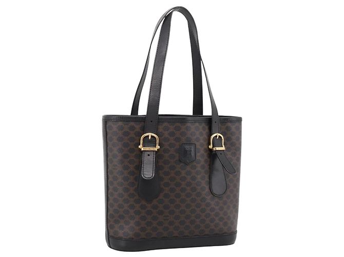 16 Céline Sac Cabas CELINE Macadam PVC Cuir Noir Doré Auth BA15388