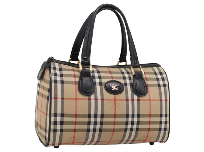 Bolsa Boston Burberrys Nova Check Canvas Beige Gold Auth 200948 Bege Dourado