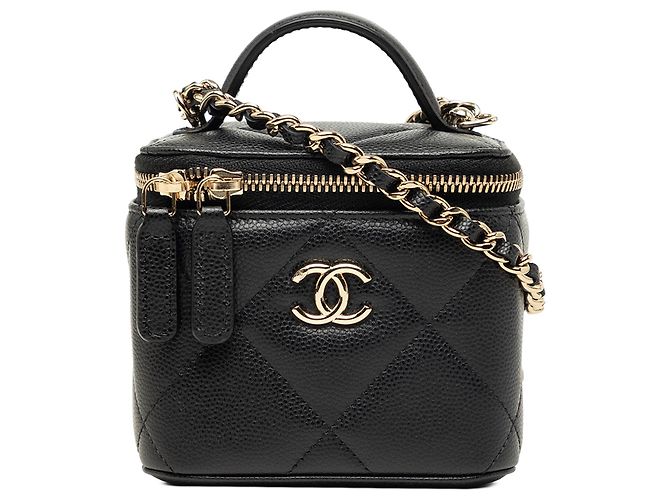 Mala Vanity Chanel Mini CC Matelassé em Couro Caviar Preto com Alça e Corrente