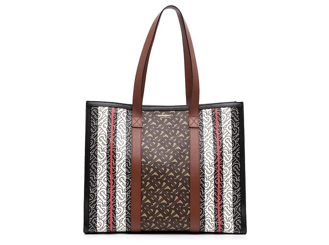 Borsa Book Tote Burberry TB Monogram E Canvas Stripe Marrone
