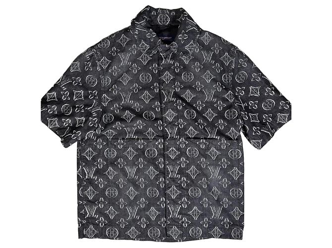 Camicia Louis Vuitton Denim Nero Ricami Monogram All-Over Taglia M Grigio Grigio antracite