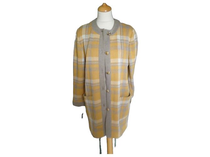 Autre Marque Devernois gelb-grau karierte Strickjacke aus Wolle Beige